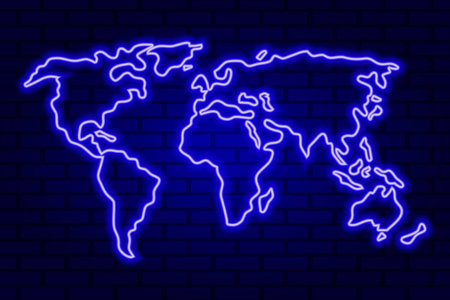 Glowing neon blue world map on brick wall backgroundの写真素材