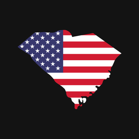 South Carolina state map with American national flag on black backgroundのイラスト素材