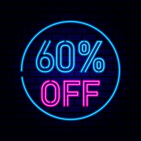 60 percent SALE glowing neon lamp sign. Vector illustration.