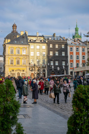 Ukraine Lviv. 17 October 2021. The square and the fountain near the Opera and Ballet Theater at sunrise. Lviv. Ukraine.のeditorial素材