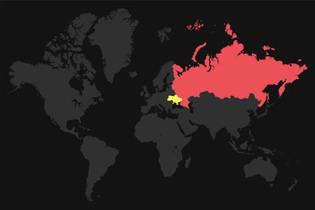 Gray world map with red Russia and yellow Ukraine.のイラスト素材