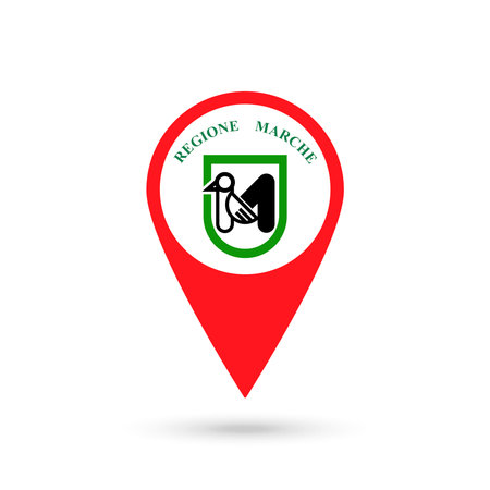 Map pointer with Marche Flag. Region of Italy. vector illustration.のイラスト素材