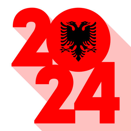 Happy New Year 2024 long shadow banner with Albania flag inside. Vector illustration.のイラスト素材