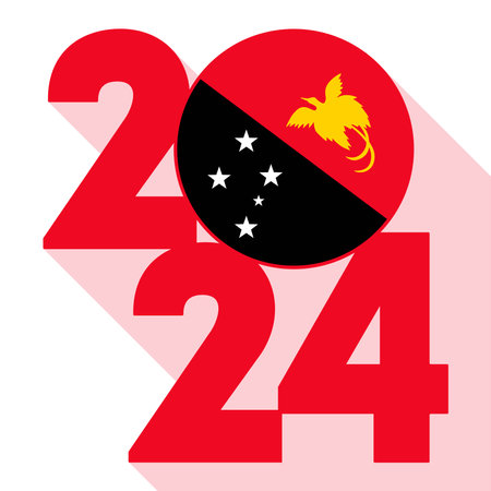 Happy New Year 2024, long shadow banner with Papua New Guinea flag inside. Vector illustration.のイラスト素材