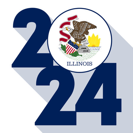 2024 long shadow banner with Illinois state flag inside. Vector illustration.のイラスト素材