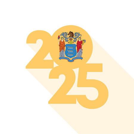 Long shadow 2025 banner with New Jersey state flag inside. Vector illustration.