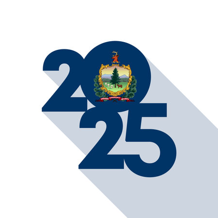Long shadow 2025 banner with Vermont state flag inside. Vector illustration.