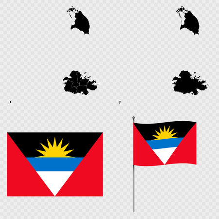 Set of maps, flag and flagpole of Antigua and Barbuda. Vector illustration.のイラスト素材