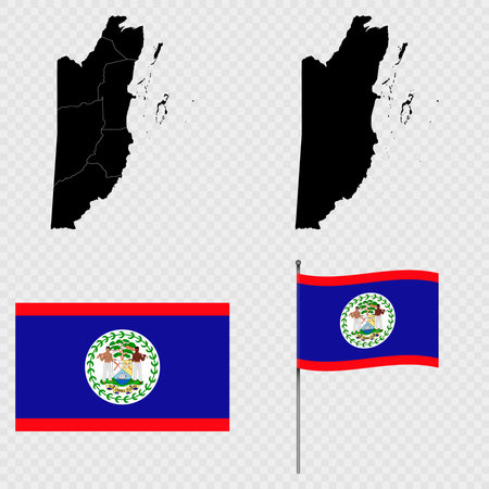 Set of maps, flag and flagpole of Belize. Vector illustration.のイラスト素材