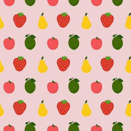 Seamless pattern with pear, apple, lime and strawberry. Vector illustration.