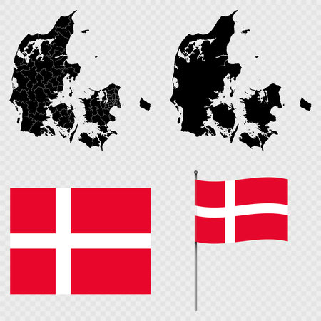 Set of map and map with province, flag and flagpole of Denmark. Vector illustration.のイラスト素材