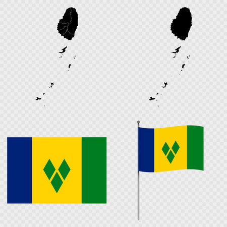 Set of maps, flag and flagpole of Saint Vincent and the Grenadines. Vector illustration.のイラスト素材