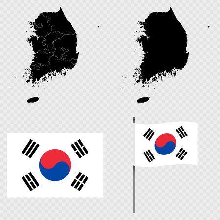 Set of maps, flag and flagpole of South Korea. Vector illustration.のイラスト素材