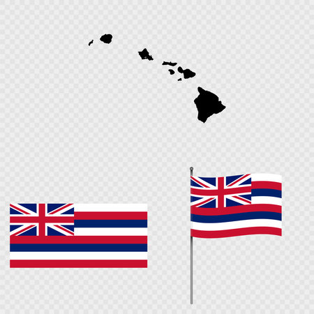 Set of map and map with province, flag and flagpole of Hawaii state. Vector illustration.のイラスト素材