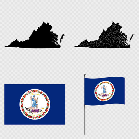 Set of map and map with province, flag and flagpole of Virginia state. Vector illustration.のイラスト素材