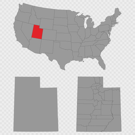 Utah map set with USA location, clean outline, and full county breakdown.のイラスト素材