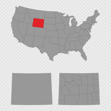 Wyoming map set with USA location, clean outline, and full county breakdown.のイラスト素材