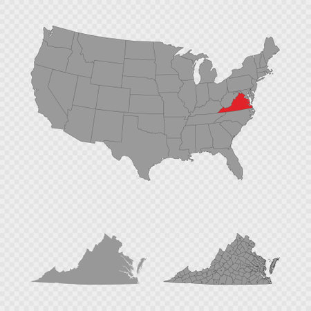 Virginia map set with USA location, clean outline, and full county breakdown.のイラスト素材
