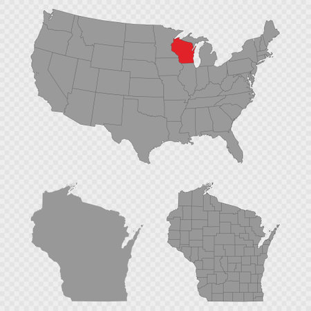 Wisconsin map set with USA location, clean outline, and full county breakdown.のイラスト素材