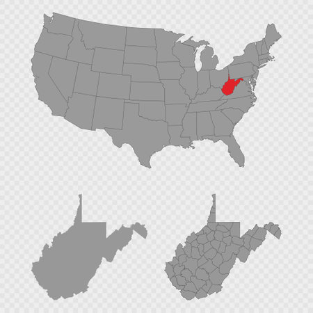 West Virginia map set with USA location, clean outline, and full county breakdown.のイラスト素材