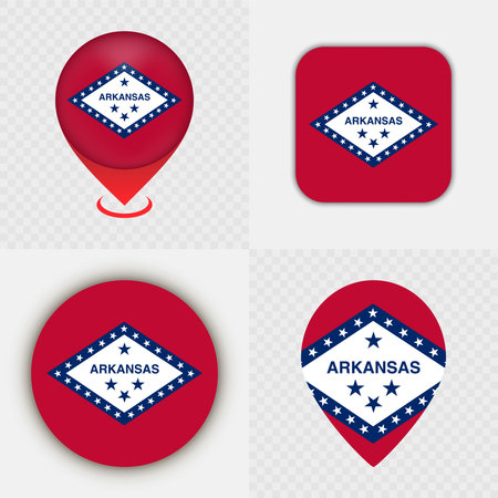 Set of Arkansas State Flag Icons and Map Pins.のイラスト素材