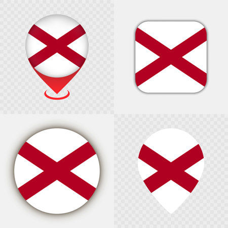 Set of Alabama State Flag Icons and Map Pins.のイラスト素材