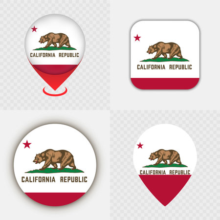 Set of California State Flag Icons and Map Pins.のイラスト素材