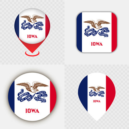 Set of Iowa State Flag Icons and Map Pins.のイラスト素材