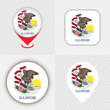 Set of Illinois State Flag Icons and Map Pins.のイラスト素材