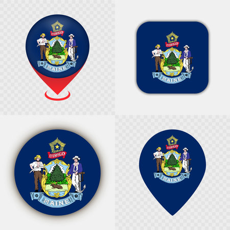 Set of Maine State Flag Icons and Map Pins.のイラスト素材