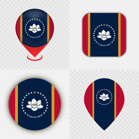 Set of Mississippi State Flag Icons and Map Pins.のイラスト素材