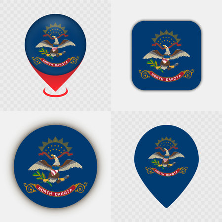 Set of North Dakota State Flag Icons and Map Pins.のイラスト素材