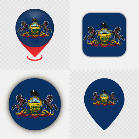 Set of Pennsylvania State Flag Icons and Map Pins.のイラスト素材