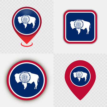 Set of Wyoming State Flag Icons and Map Pins.のイラスト素材