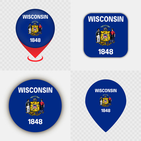 Set of Wisconsin State Flag Icons and Map Pins.のイラスト素材