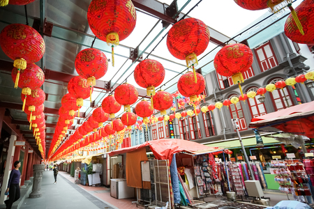 CHINATOWN, SINGAPORE - JANUARY 20, 2017: Chinatown street in Singapore Chinatown district, beautiful fully ornate crowded Chinese lantern.のeditorial素材