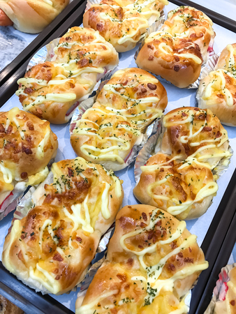Closed up crab stick bread in the bakery shopの写真素材