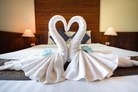 Love concept honeymoon bed for home or hotel bedroom decorationの写真素材