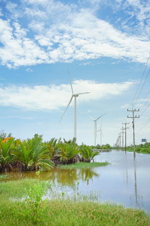 Wind Turbine close to seaside in Pak Phanang, Nakhon Si Thammarat, Thailand.の写真素材