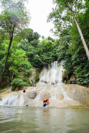 Kanchanaburi, Thailand - October 20, 2018: Scenery of Saiyoknoi waterfall in Kanchanaburi, Thailand. This is one of the most waterfall in Kanchanaburi province.のeditorial素材