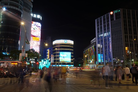 Taipei, Taiwan - November 23, 2018: Nightlife cityscape in Ximending town, Taipei City, Taiwan. This district is the famous fashion, night Market and street food in Taipei.のeditorial素材