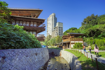 Taipei, Taiwan - November 24, 2018: Sceneery of the garden and hot spring canal is centered in Beitou park, Taipei, Taiwan.のeditorial素材