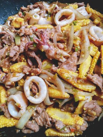 Stir fried shrimp paste with squid and pork or Pla Muek Pad Kapi in Thai.の写真素材