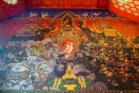 Ayuthaya, Thailand - November 29, 2019: Beautiful mural art wall painting in Wat Phanan Choeng Worawihan, Ayuthaya, Thailandのeditorial素材