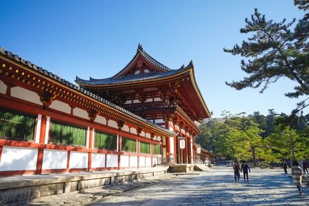 Nara, Japan - December 16, 2019 : Beautiful scene of the second Wooden gate Of Todaiji Temple, this is the most famous travel destinations of Nara city in Kansai area of Japan and this place has a lot of deers in the park.のeditorial素材