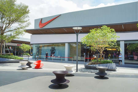 Samut Prakan, Thailand - July 28, 2020: Nike shop in Siam Premium Outlets Bangkok. Nike is one of the biggest sport manufacturing company in the world.のeditorial素材