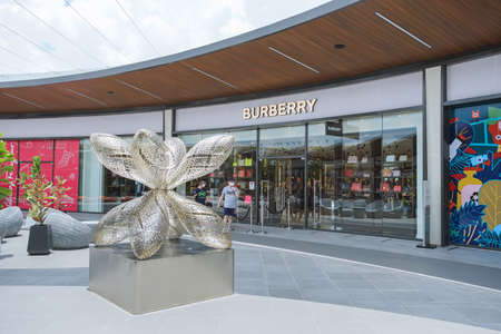 Samut Prakan, Thailand - July 28, 2020: Burberry shop in Siam Premium Outlets Bangkok. Burberry is a British luxury fashion brand. Established in London 1856 by Thomas Burberry.のeditorial素材