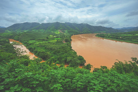 The landscape of the Mekong River shot was taken from Chiangkhan Skywalk, Loei Province Thailand.の写真素材