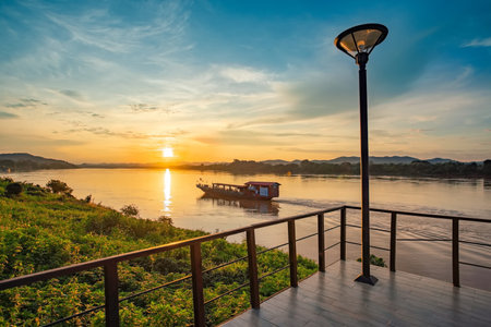 The scenery of sunset at Chiang Khan in Chiang Khan District, Loei Province, Thailand.の写真素材