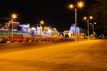 Volgograd, Russia - June 26 2018: view on the fan zone in Volgograd on the embankment of the Volga river in the summer night during the football matchのeditorial素材